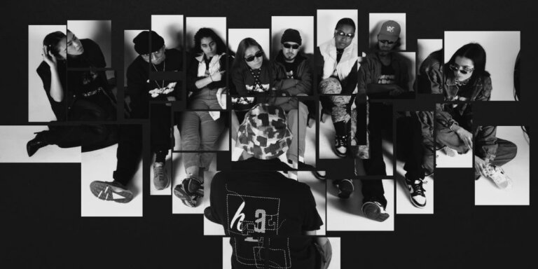 A group of people sitting and standing, wearing casual outfits and sunglasses, with a fragmented visual effect applied to the image.